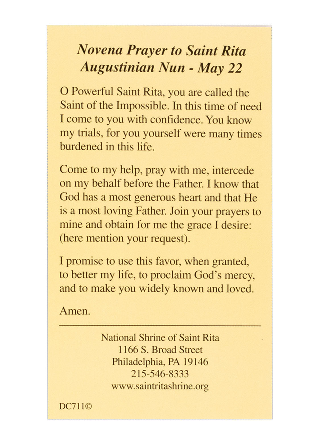 Saint Rita Prayer Card