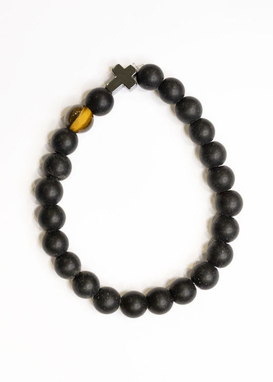 Men's Hematite Cross and Tiger Eye Bracelet