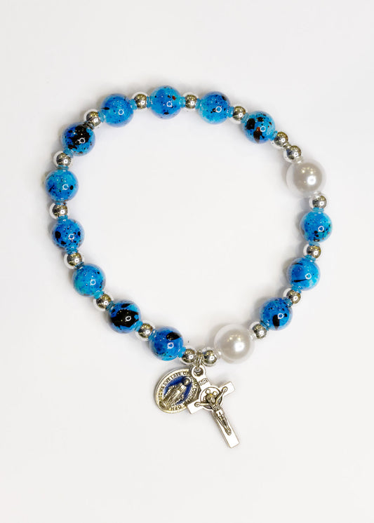 Blue Marble and Pearl Miraculous Rosary Bracelet