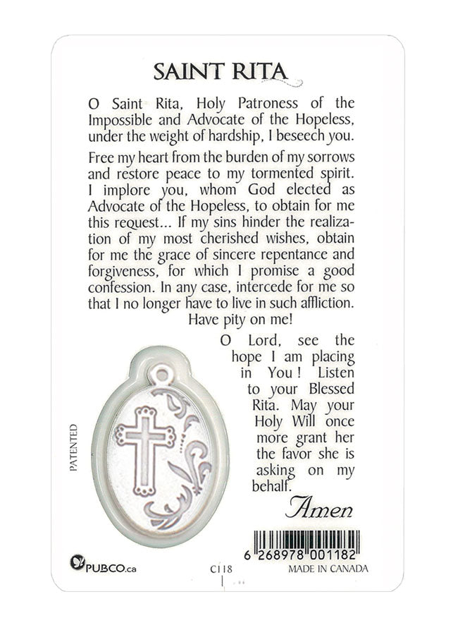 Saint Rita Prayer Card with Medal (Laminated)